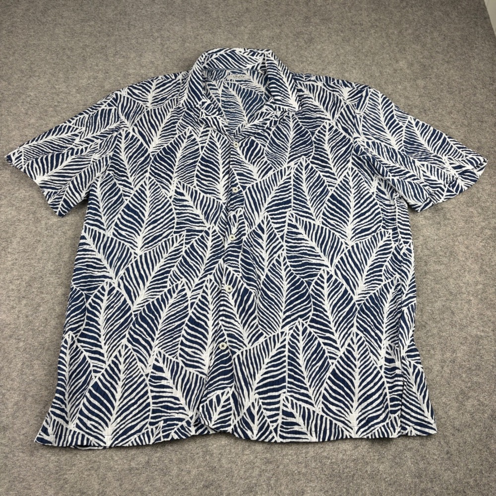 Bruno Milano Button Up Shirt Mens Large Navy White Leaf Print Beach Short Sleeve